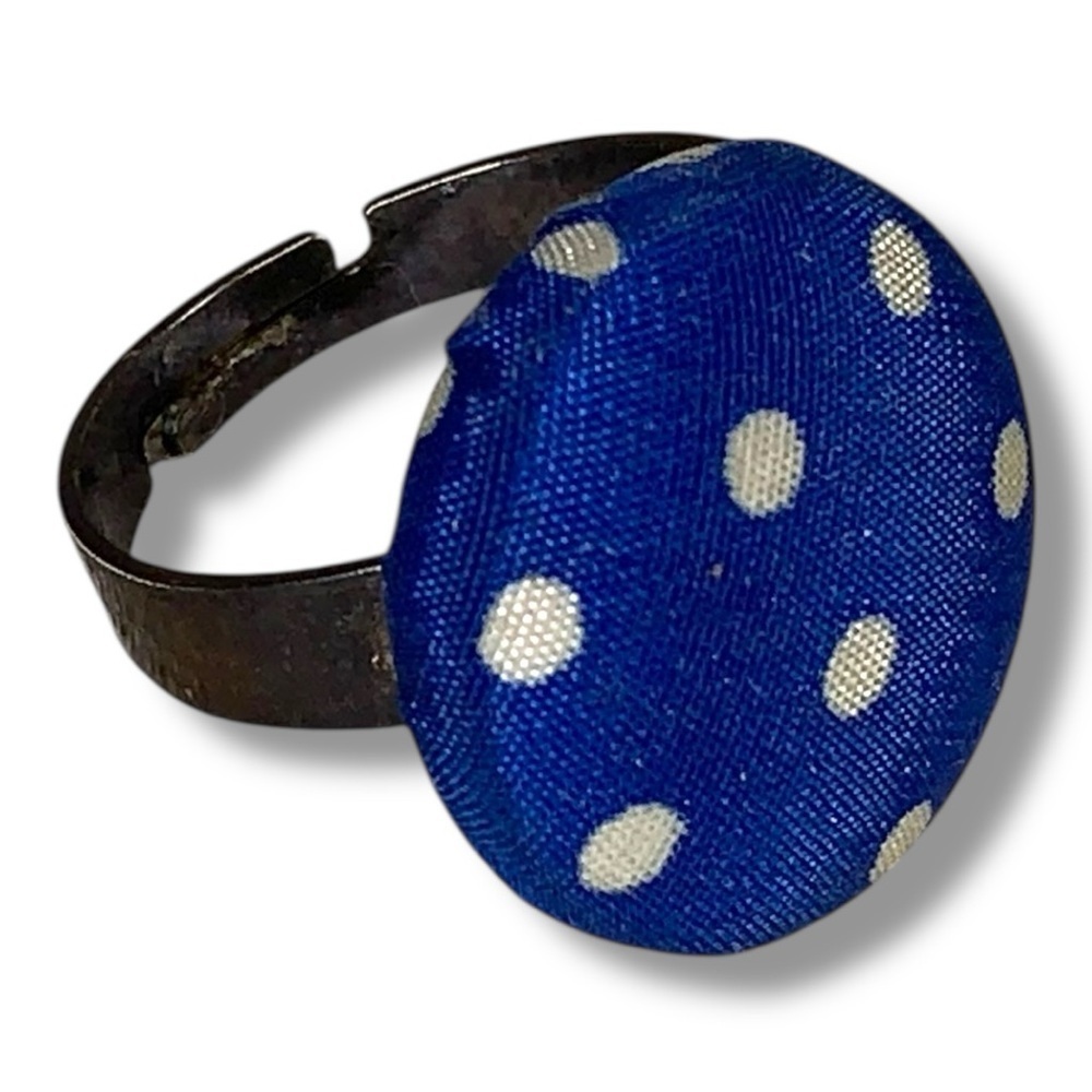 Vintage 60s Era Ring Blue White Polka Dot Fabric Wrapped Adjustable Womens Size